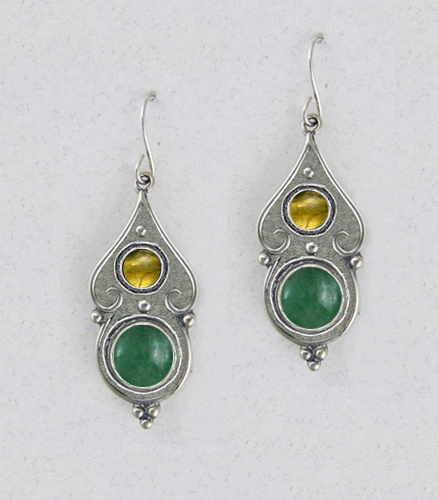 Sterling Silver Yellow Jade And Citrine Gemstone Drop Dangle Earrings